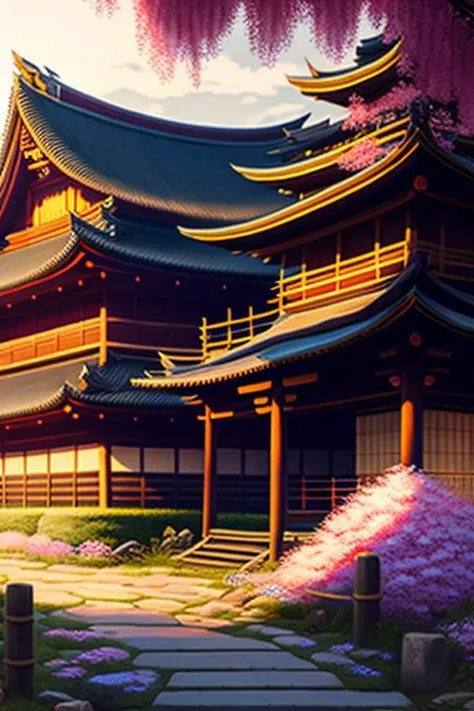 Japanese village in the 1700s with detailed and sharp focused architecture and flowers with cherry blossom trees  by Dan Mumford, estilovintedois,, cinematic, colorful background, concept art, dramatic lighting, high detail, highly detailed, hyper realistic, intricate, intricate sharp details, octane render, smooth, studio lighting, trending on artstation.