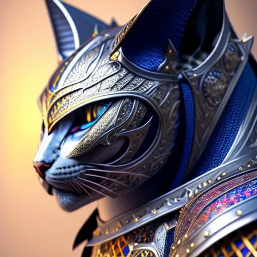 kneeling cat knight, portrait, finely detailed armor, intricate design, silver, silk, cinematic lighting, 4k.