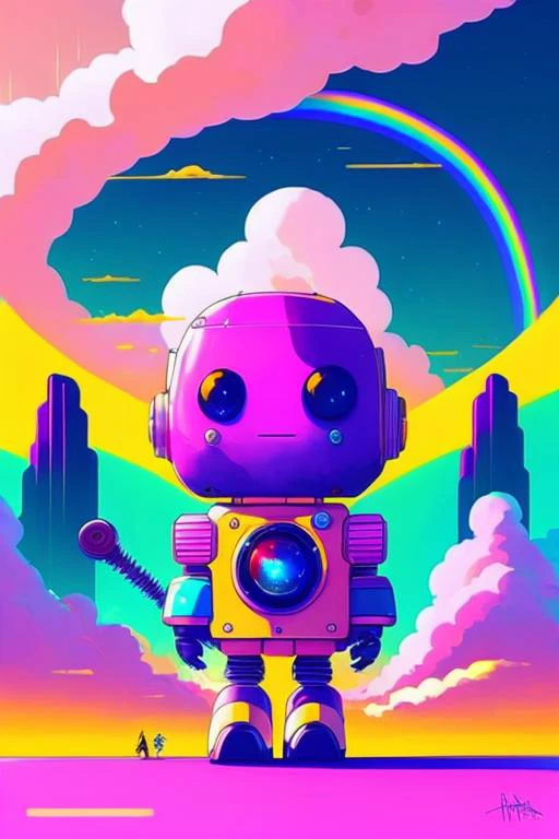 highly detailed portrait of a small, adorable robot with round shape, expressive eyes and a friendly smile. It has a cheerful, bright color scheme, with a mix of pastel blues, pinks, and purples, standing with its arms crossed holding a toy sword, surrounded by a swirling vortex of energy. The background is a colorful, cartoon-like landscape, with fluffy clouds and a rainbow. The background is a stark, metallic landscape, with a futuristic distopian cityscape visible in the distance. by atey ghailan, by eduard hopper, by greg tocchini, by james gilleard, grunge aesthetic graffiti