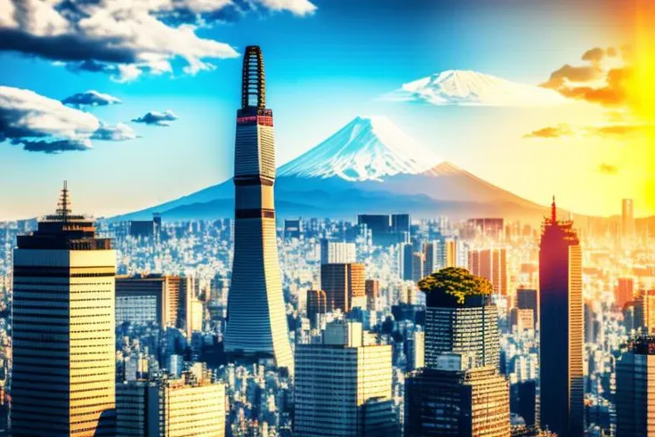 A big panorama of tokyo with its skyscrapers and beautiful sunlight with one mount fuji.