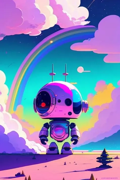 highly detailed portrait of a small, adorable robot with round shape, expressive eyes and a friendly smile. It has a cheerful, bright color scheme, with a mix of pastel blues, pinks, and purples, standing with its arms crossed holding a toy sword, surrounded by a swirling vortex of energy. The background is a colorful, cartoon-like landscape, with fluffy clouds and a rainbow. The background is a stark, metallic landscape, with a futuristic distopian cityscape visible in the distance. by atey ghailan, by eduard hopper, by greg tocchini, by james gilleard, grunge aesthetic graffiti