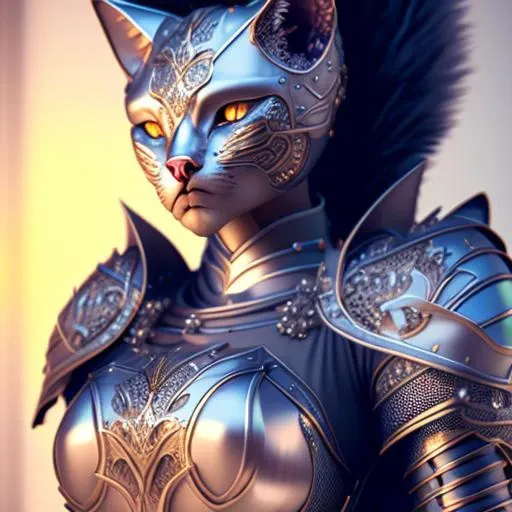 kneeling female fusion cat  knight, portrait, finely detailed woman armor, large breast, intricate design, silver, silk, cinematic lighting, 4k.