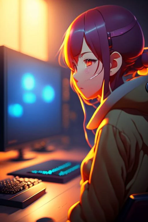 lofi Anime Girl is programming at a computer, cozy, by makoto shinkai and ghibli studio, dramatic lighting, highly detailed, incredible quality, trending on artstation, masterpiece, 8k. code on the screen., cinematic, colorful background, concept art, dramatic lighting, high detail, highly detailed, hyper realistic, intricate, intricate sharp details, octane render, smooth, studio lighting, trending on artstation.