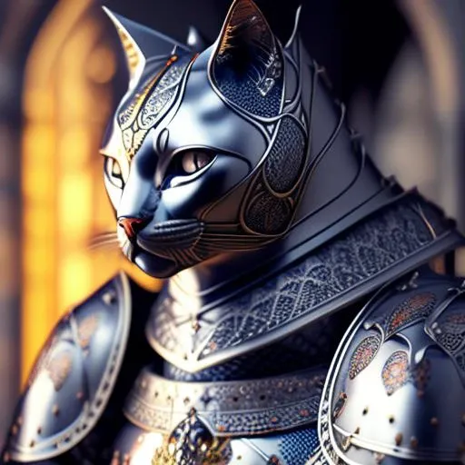 kneeling cat knight, portrait, finely detailed armor, intricate design, silver, silk, cinematic lighting, 4k.