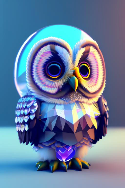 A cute adorable baby owl made of crystal ball with low poly eye's highly detailed intricated concept art trending artstation 8k