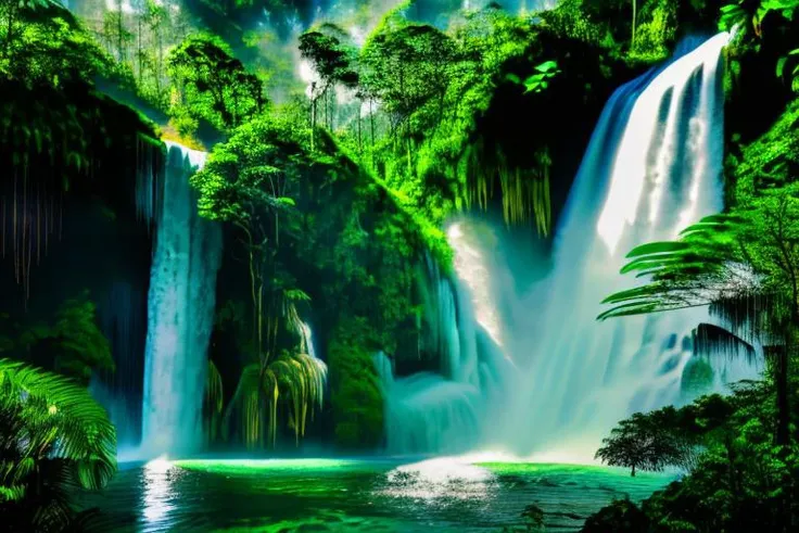 A photograph of a majestic waterfall in the midst of lush forest in brazil, with water cascading down, materpiece estilovintedois.