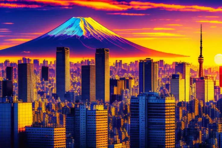 A big panorama of tokyo with its skyscrapers and beautiful sunset, Mount Fuji can be seen on the back, estilovintedois.