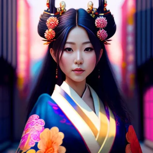 A beautiful japanese girl with hair ornament, wearing a kimono with large breast, estiloventidois.