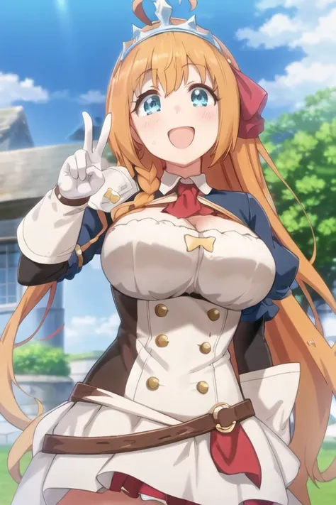 anime screencap, pecorine_(princess connect!), 1girl, orange hair, long hair, light blue eyes, medium breast, ahoge, <lora:pecorinePrincessConnect_anythingV3:0.7>, <lora:animeScreencapStyle_v230epochs:0.5>, making a peace sign with her fingers, double peace sign, looking at viewer,