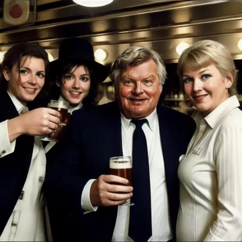 Benny768, A british gentleman, smile, holding a beer, surrounded by women70s fashion suit, in a pub,detailed eyes, photography, trending on artstation, sharp focus, studio photo, intricate details, highly detailed, by greg rutkowski    <lora:Benny768:0.7>