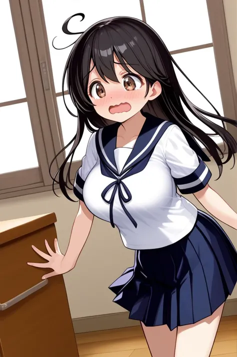 1girl, petite,slender,open mouth,large breasts,wavy mouth,ushioKC,long hair,skirt,black hair, school uniform, ahoge, short sleeves, pleated skirt, serafuku, sailor collar, offcer's room<lora:ushio-06:0.7>