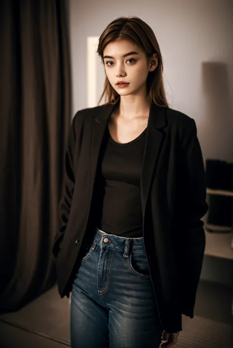 Closeup, A 20 yo woman, dark theme, soothing tones, muted colors, jacket, jeans, fashion, high contrast, (natural skin texture, hyperrealism, soft light, sharp), upper body, in school, Negative, <lora:MoosMST4:1> <lora:LexyHarris-01:1>