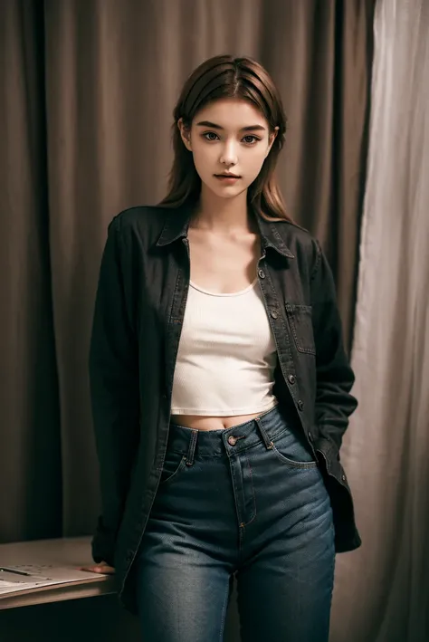 Closeup, A 20 yo woman, dark theme, soothing tones, muted colors, jacket, jeans, fashion, high contrast, (natural skin texture, hyperrealism, soft light, sharp), upper body, in school, Negative, <lora:MoosMST4:1> <lora:LexyHarris-01:1>