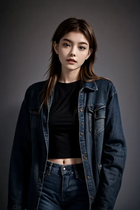 Closeup, A 20 yo woman, dark theme, soothing tones, muted colors, jacket, jeans, fashion, high contrast, (natural skin texture, hyperrealism, soft light, sharp), upper body, in school, Negative, <lora:MoosMST4:1> <lora:LexyHarris-01:1>