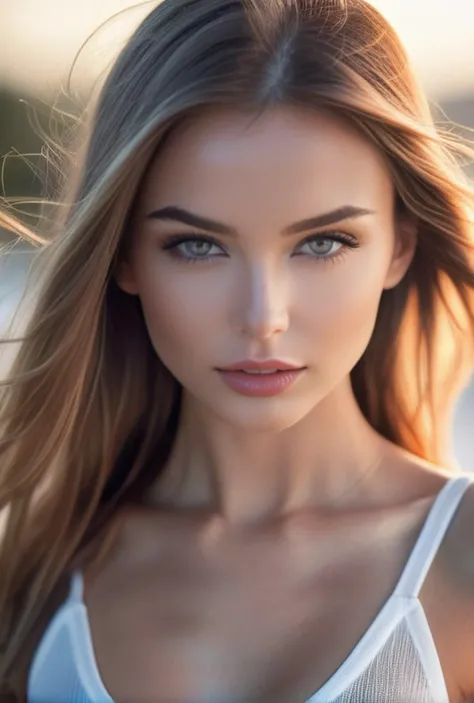 A stunning photograph by David Bellemere of a beautiful young woman who look like <lora:Alinaxl3:0.8> Alinaxl3, exterior shot, slim body, cotton tank top, professional lighting, ziprealism <lora:casting shadow style v2:0.8> casting shadow style, <lora:analogdiffusion_Lycoris:1>