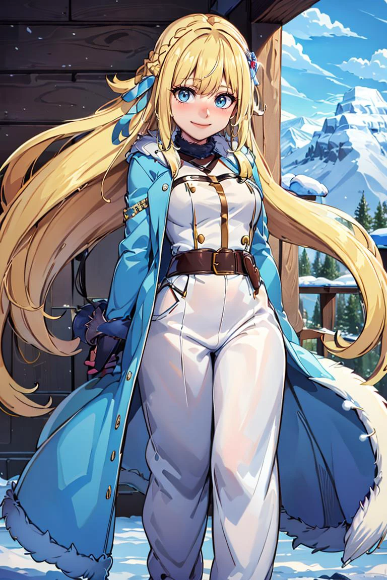 <lora:twistedscarlett60_style:0.8>,((masterpiece,best quality)), <lora:Marina_Lucce_Maxetto_OC_v2:0.8>, Marina_Lucce_Maxetto_OC, 1girl, solo, blonde, very long hair, french braid, blue hair ribbon, smile, (fur coat:1.5), pants, winter clothes, belt, snow, mountain, log cabin,