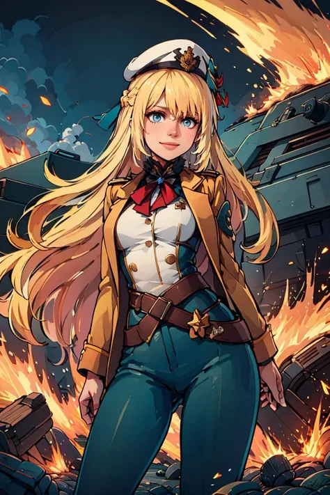 ((masterpiece,best quality)),  <lora:Marina_Lucce_Maxetto_OC_v2:0.8>,  Marina_Lucce_Maxetto_OC, 1girl, solo, blonde, very long hair, french braid, blue hair ribbon, military uniform, military, soldier, belt, green pants, beret, brown jacket, world war ii, war, military vehicle, battlefield, battle, dust, smoke, burning, fire, red sky, explosion, contrapposto, evil smile