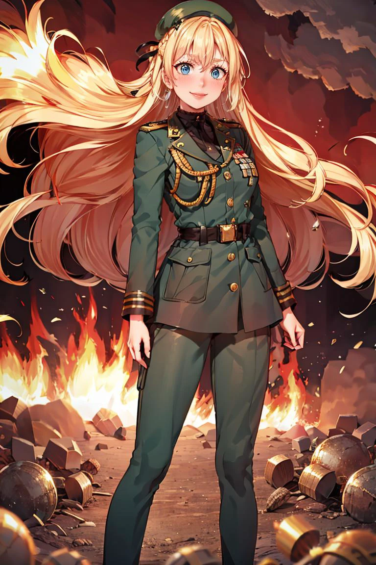 <lora:Puppypaww_Style:0.8>,((masterpiece,best quality)), <lora:Marina_Lucce_Maxetto_OC_v2:0.8>, Marina_Lucce_Maxetto_OC, 1girl, solo, blonde, very long hair, french braid, blue hair ribbon, military uniform, military, soldier, belt, green pants, beret, brown jacket, world war ii, war, military vehicle, battlefield, battle, dust, smoke, burning, fire, red sky, explosion, contrapposto, evil smile