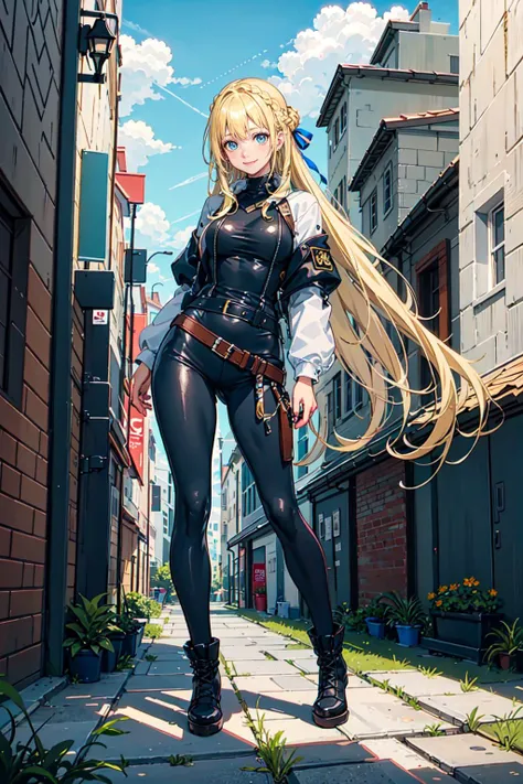 <lora:Marina_Lucce_Maxetto_OC_v2:0.5> smile, Marina_Lucce_Maxetto_OC, 1girl, solo, blonde, very long hair, french braid, blue hair ribbon,, ultra detailed, masterpiece, best quality, aesthetic, detailed,, leggings, leather jacket, long shirt, combat boots, hoodie,