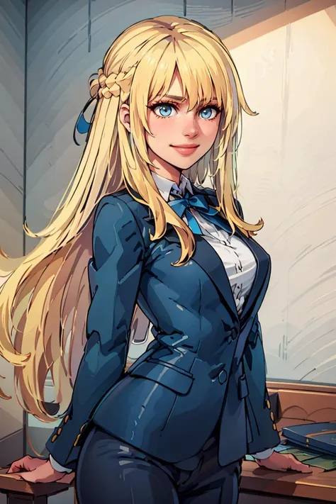(highest quality:1.2, Very detailed, up to date, Vibrant, Ultra-high resolution, High Contrast, masterpiece:1.2, highest quality, Best aesthetics), Portraiture、girl、(slim:1), long hair, ((wavy hair:0.6))、messy hair, blonde and blue ((streaked hair:1.3)), highlights hair: 1.3, blue eye, medium breast, (tan skin:1.3), mailman blue costume, Bright colors、Beautiful fine details、Beautiful lip detail、shoulder mail bag, mailman blue cap, , town, running, (cowboy shot:1.5), look at viewer