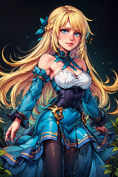 <lora:Marina_Lucce_Maxetto_OC_v2:0.7> smile, Marina_Lucce_Maxetto_OC, 1girl, solo, blonde, very long hair, french braid, blue hair ribbon, frilled choker, criss-cross halter, sleeveless dress, high-waist skirt, backless dress, waist bow, detached sleeves, frilled sleeves, wide sleeves, pantyhose, <lora:ALL IN ONE LORA v2:0.5>, ultra detailed, masterpiece, best quality, aesthetic, detailed,