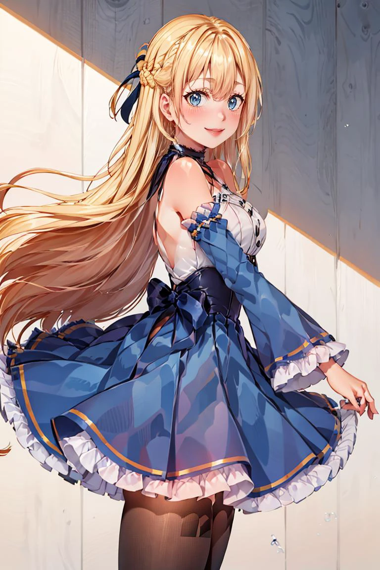 <lora:Puppypaww_Style:0.8>,((masterpiece,best quality)), <lora:Marina_Lucce_Maxetto_OC_v2:0.8>, Marina_Lucce_Maxetto_OC, 1girl, solo, blonde, very long hair, french braid, hair ribbon, frilled choker, criss-cross halter, sleeveless dress, high-waist skirt, blue backless dress, waist bow, detached sleeves, frilled sleeves, wide sleeves, pantyhose, blue dress, white skirt, solo, smiling, looking at viewer, cowboy shot, side view,