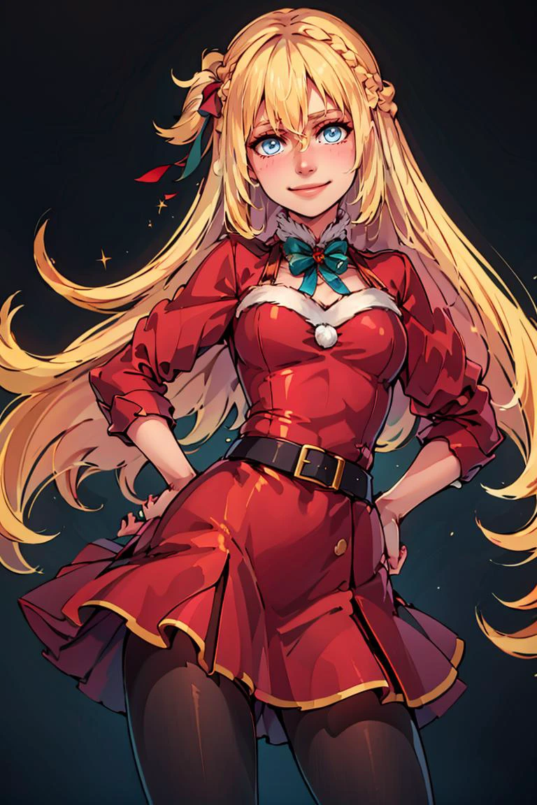 ((masterpiece,best quality)), <lora:Marina_Lucce_Maxetto_OC_v2:0.8>, Marina_Lucce_Maxetto_OC, 1girl, solo, blonde, very long hair, french braid, red hair ribbon,
santa outfit, red dress, red skirt, black belt, black pantyhose,
solo, smiling, looking at viewer, cowboy shot, hand on hip,