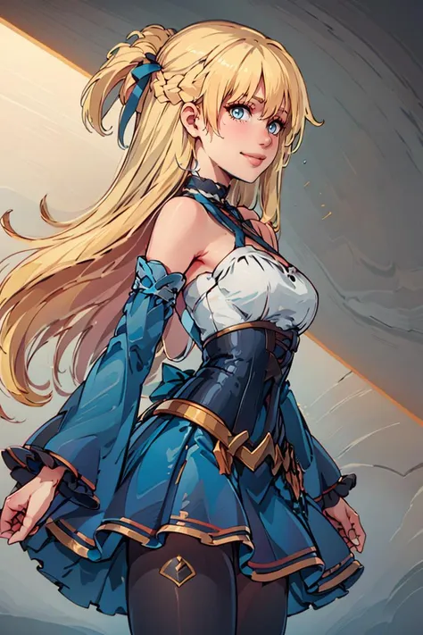 ((masterpiece,best quality)),  <lora:Marina_Lucce_Maxetto_OC_v2:0.8>,   Marina_Lucce_Maxetto_OC, 1girl, solo, blonde, very long hair, french braid, hair ribbon, frilled choker, criss-cross halter, sleeveless dress, high-waist skirt, blue backless dress, waist bow, detached sleeves, frilled sleeves, wide sleeves, pantyhose, blue dress, white skirt, solo, smiling, looking at viewer, cowboy shot, side view,