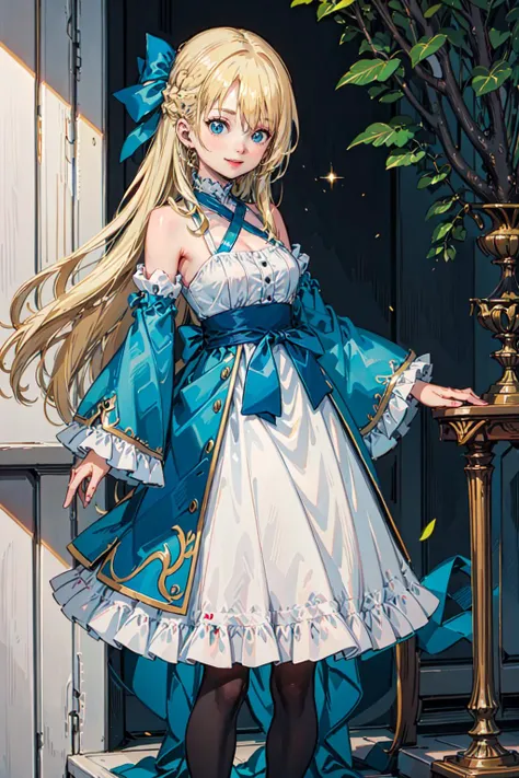<lora:Marina_Lucce_Maxetto_OC_v2:0.55> smile, Marina_Lucce_Maxetto_OC, 1girl, solo, blonde, very long hair, french braid, hair ribbon, frilled choker, criss-cross halter, sleeveless dress, high-waist skirt, backless dress, waist bow, detached sleeves, frilled sleeves, wide sleeves, pantyhose, <lora:ponsuke-10:1>