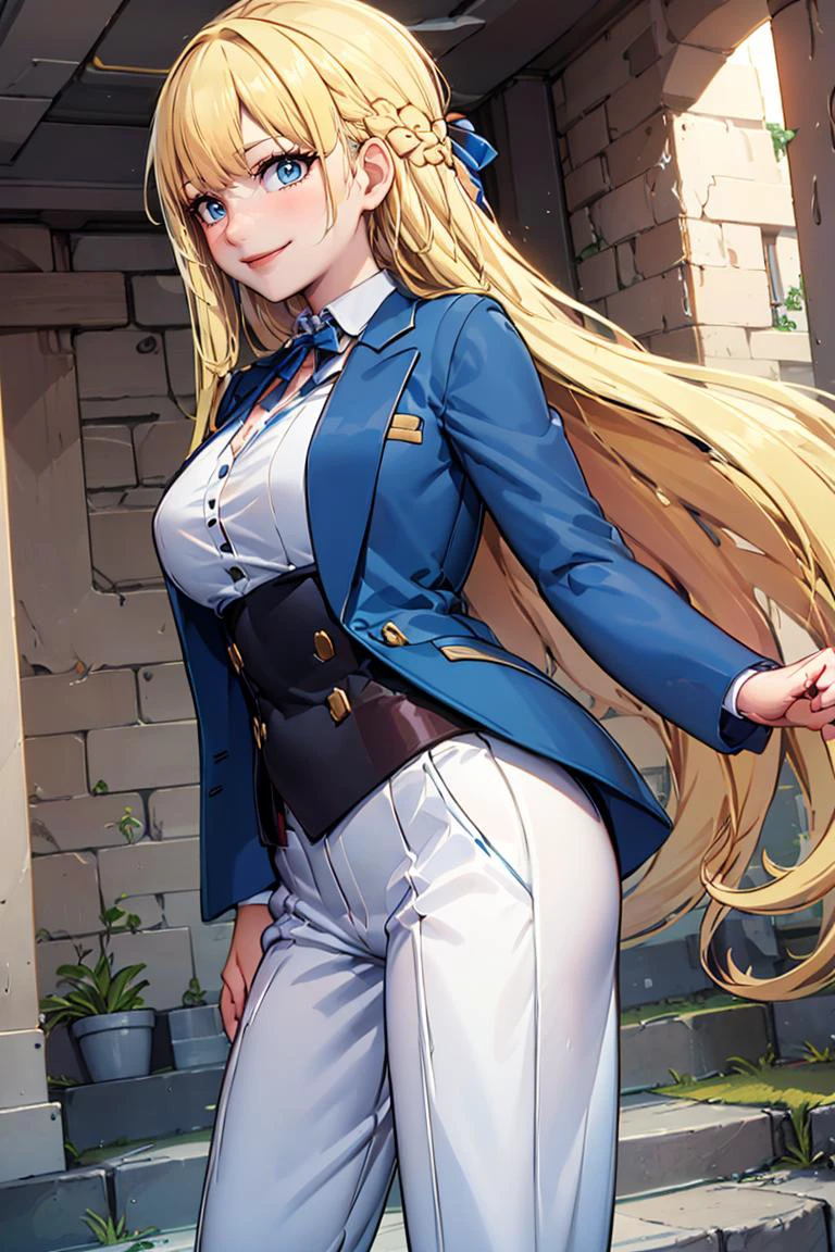 <lora:twistedscarlett60_style:0.8>,((masterpiece,best quality)), <lora:Marina_Lucce_Maxetto_OC_v2:0.8>, Marina_Lucce_Maxetto_OC, 1girl, solo, blonde, very long hair, french braid, blue hair ribbon, smile, smug, grey blazer, lipstick, open white shirt, lawyer, suit, suit jacket, pants,
