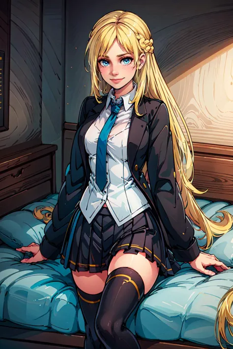 indoors, bed, bedroom, <lora:Marina_Lucce_Maxetto_OC_v2:0.6> light smile, Marina_Lucce_Maxetto_OC, 1girl, solo, blonde, very long hair, french braid, hair ribbon, <lora:Pleated Skirt & Top By Stable Yogi:0.5> pleated skirt, shirt, coat, necktie, thighhighs,, ultra detailed, masterpiece, best quality, aesthetic, detailed,