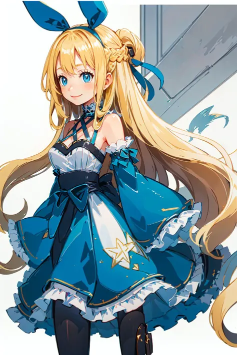 <lora:Marina_Lucce_Maxetto_OC_v2:0.6> smile, Marina_Lucce_Maxetto_OC, 1girl, solo, blonde, very long hair, french braid, hair ribbon,  frilled choker, criss-cross halter, sleeveless dress, high-waist skirt, backless dress, waist bow, detached sleeves, frilled sleeves, wide sleeves, pantyhose,    <lora:harada_takehito_Disgaea_style_v01:1>