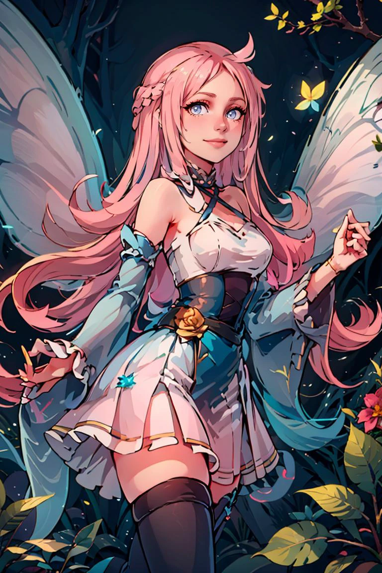centered, award winning photo, (looking at viewer:1.2), | flowers, forest, | bokeh, depth of field, cinematic composition, | <lora:Tasi_AFK_Anime:0.5>, long pink hair, fairy, fairy wings, long pink dress, thighhighs, smile,
<lora:Marina_Lucce_Maxetto_OC_v2:0.8>, Marina_Lucce_Maxetto_OC, 1girl, solo, pink hair, very long hair, frilled choker, criss-cross halter, sleeveless dress, high-waist skirt, pink backless dress, waist bow, detached sleeves, frilled sleeves, wide sleeves,