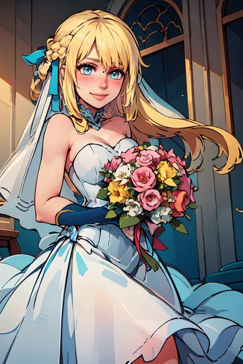((masterpiece,best quality)), <lora:Marina_Lucce_Maxetto_OC_v2:0.8>, Marina_Lucce_Maxetto_OC, 1girl, solo, blonde, very long hair, french braid, blue hair ribbon, bride, wedding dress, bridal veil, strapless dress, white gloves, smile, blush, holding flowers, bouquet