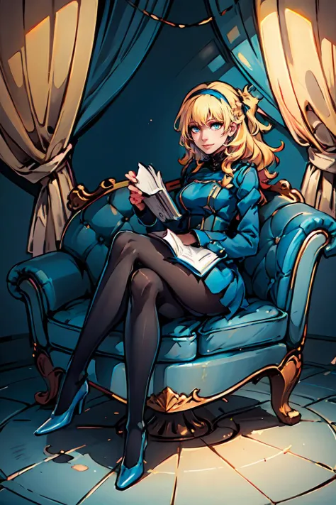 smile, holding book, holding pocket watch,  <lora:zs_Rei:1> reipq, green eyes, blonde hair, very long hair, hair ornament,  <lora:Velvet-Room-F-OutfitV2_Fp:0.9> velvetfoutfitv2, pantyhose, hairband, (blue room, blue chaise longue:1.3),, absurdres, ultra detailed, masterpiece, best quality, aesthetic, detailed,