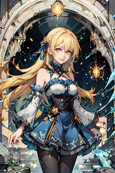 column lineup, marble \(stone\), stone wall, stone stairs, color lights, light particles, smile, <lora:Marina_Lucce_Maxetto_OC:0.8> Marina_Lucce_Maxetto_OC, 1girl, solo, blonde, very long hair, french braid,, ultra detailed, masterpiece, best quality, aesthetic, detailed,, hair ribbon, frilled choker, criss-cross halter, sleeveless dress, high-waist skirt, backless dress, waist bow, detached sleeves, frilled sleeves, wide sleeves, pantyhose, patterned legwear, mary janes,