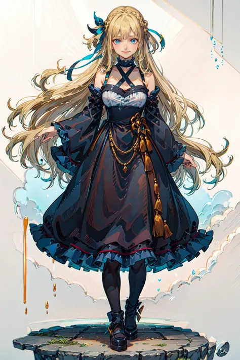 white and blue theme, <lora:Marina_Lucce_Maxetto_OC_v2:0.7> smile, Marina_Lucce_Maxetto_OC, 1girl, solo, blonde, very long hair, french braid, hair ribbon, frilled choker, criss-cross halter, sleeveless dress, high-waist skirt, backless dress, waist bow, detached sleeves, frilled sleeves, wide sleeves, pantyhose, <lora:Mashuu:1> mashuu, mashuustyle