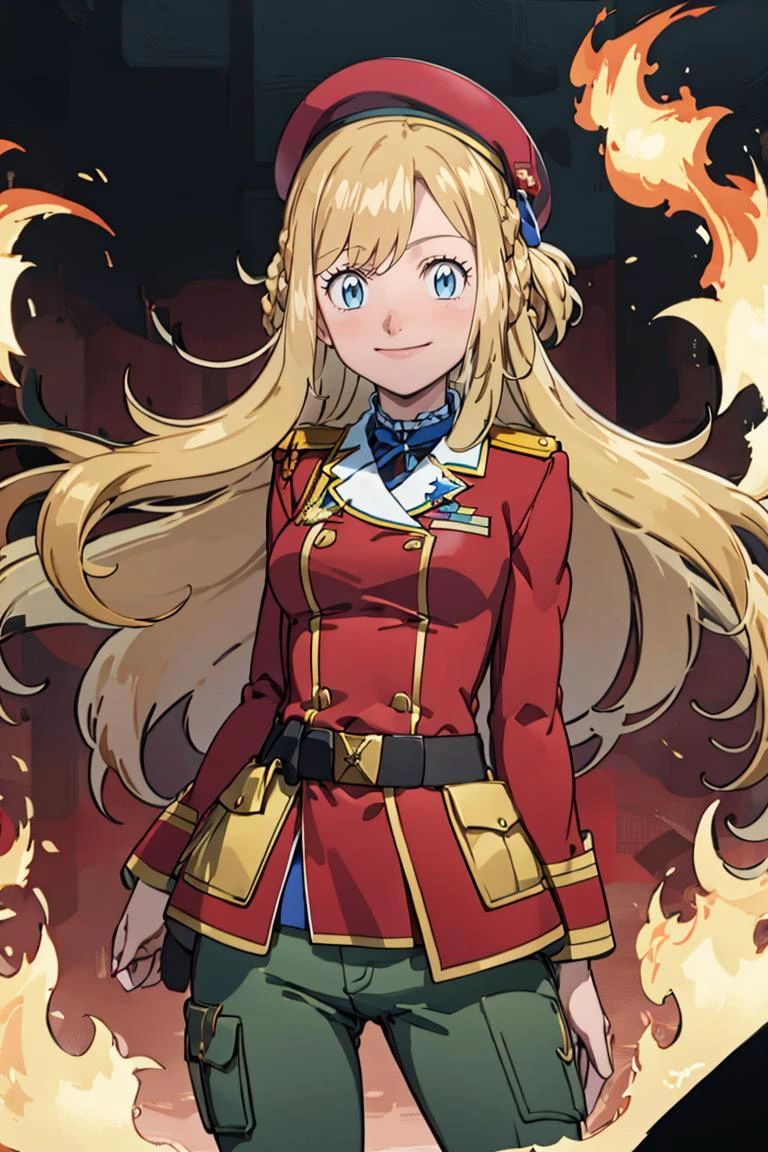 <lora:noelia_ponce_style:0.8>,((masterpiece,best quality)), <lora:Marina_Lucce_Maxetto_OC_v2:0.8>, Marina_Lucce_Maxetto_OC, 1girl, solo, blonde, very long hair, french braid, blue hair ribbon, military uniform, military, soldier, belt, green pants, beret, brown jacket, world war ii, war, military vehicle, battlefield, battle, dust, smoke, burning, fire, red sky, explosion, contrapposto, evil smile