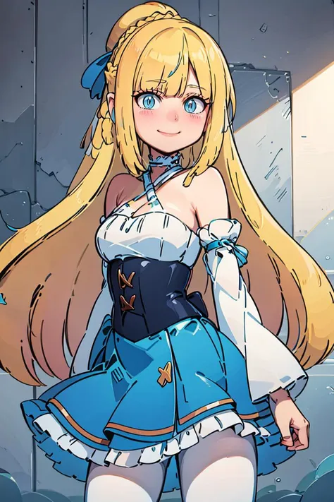 <lora:Diives_Style:0.8>,((masterpiece,best quality)),  <lora:Marina_Lucce_Maxetto_OC_v2:0.8>,  Marina_Lucce_Maxetto_OC, 1girl, solo, blonde, very long hair, french braid, blue hair ribbon, frilled choker, criss-cross halter, sleeveless dress, high-waist skirt, blue backless dress, waist bow, detached sleeves, frilled sleeves, wide sleeves, pantyhose, solo, smiling, looking at viewer, cowboy shot, hand on hip,