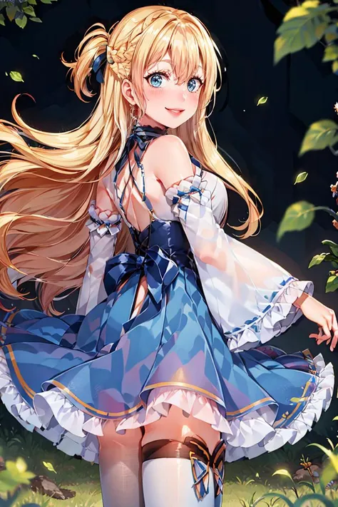 <lora:Puppypaww_Style:0.8>,((masterpiece,best quality)), <lora:Marina_Lucce_Maxetto_OC_v2:0.8>, Marina_Lucce_Maxetto_OC, 1girl, solo, blonde, very long hair, french braid, blue hair ribbon, frilled choker, criss-cross halter, sleeveless dress, high-waist skirt, blue backless dress, waist bow, detached sleeves, frilled sleeves, wide sleeves, pantyhose, solo, smiling, looking at viewer, cowboy shot, from behind,
