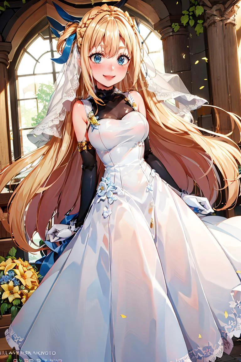 <lora:Puppypaww_Style:0.8>,((masterpiece,best quality)), <lora:Marina_Lucce_Maxetto_OC_v2:0.8>, Marina_Lucce_Maxetto_OC, 1girl, solo, blonde, very long hair, french braid, blue hair ribbon, bride, wedding dress, bridal veil, strapless dress, white gloves, smile, blush, holding flowers, bouquet