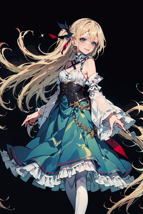 <lora:Marina_Lucce_Maxetto_OC_v2:0.6> smile, Marina_Lucce_Maxetto_OC, 1girl, solo, blonde, very long hair, french braid, hair ribbon, frilled choker, criss-cross halter, sleeveless dress, high-waist skirt, backless dress, waist bow, detached sleeves, frilled sleeves, wide sleeves, pantyhose, <lora:mochizuki_kei_style_v01:1>