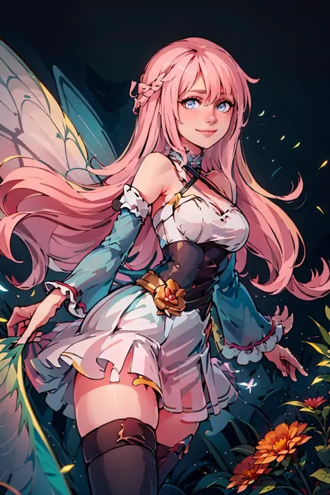 centered, award winning photo, (looking at viewer:1.2), |  flowers, forest, | bokeh, depth of field, cinematic composition, |  <lora:Tasi_AFK_Anime:0.5>,  long pink hair, fairy, fairy wings, long pink dress, thighhighs, smile, 
<lora:Marina_Lucce_Maxetto_OC_v2:0.8>, Marina_Lucce_Maxetto_OC, 1girl, solo, pink hair, very long hair, frilled choker, criss-cross halter, sleeveless dress, high-waist skirt, pink backless dress, waist bow, detached sleeves, frilled sleeves, wide sleeves,