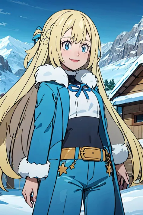 <lora:Alola_Style:0.65>,((masterpiece,best quality)),  <lora:Marina_Lucce_Maxetto_OC_v2:0.8>,  Marina_Lucce_Maxetto_OC, 1girl, solo, blonde, very long hair, french braid, blue hair ribbon, smile,  (fur coat:1.5),  pants, winter clothes, belt, snow, mountain, log cabin,