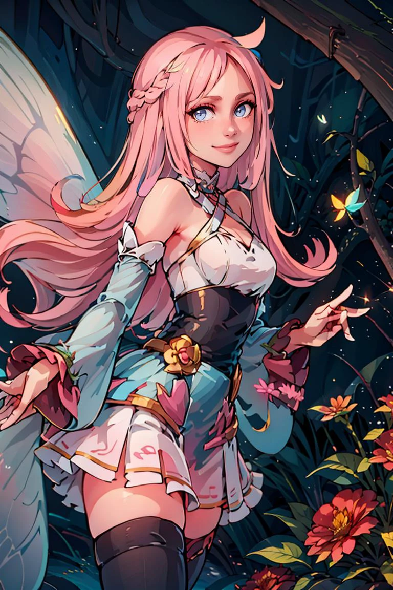 centered, award winning photo, (looking at viewer:1.2), | flowers, forest, | bokeh, depth of field, cinematic composition, | <lora:Tasi_AFK_Anime:0.5>, long pink hair, fairy, fairy wings, long pink dress, thighhighs, smile,
<lora:Marina_Lucce_Maxetto_OC_v2:0.8>, Marina_Lucce_Maxetto_OC, 1girl, solo, pink hair, very long hair, frilled choker, criss-cross halter, sleeveless dress, high-waist skirt, pink backless dress, waist bow, detached sleeves, frilled sleeves, wide sleeves,