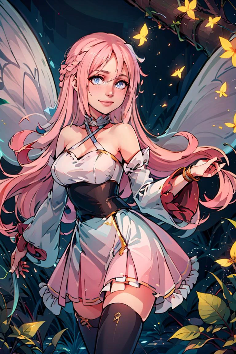 centered, award winning photo, (looking at viewer:1.2), | flowers, forest, | bokeh, depth of field, cinematic composition, | <lora:Tasi_AFK_Anime:0.5>, long pink hair, fairy, fairy wings, long pink dress, thighhighs, smile,
<lora:Marina_Lucce_Maxetto_OC_v2:0.8>, Marina_Lucce_Maxetto_OC, 1girl, solo, pink hair, very long hair, frilled choker, criss-cross halter, sleeveless dress, high-waist skirt, pink backless dress, waist bow, detached sleeves, frilled sleeves, wide sleeves,
