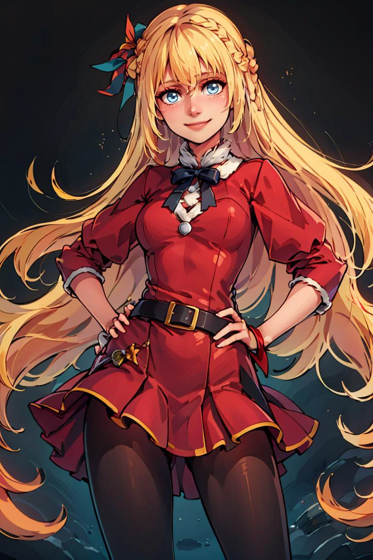 ((masterpiece,best quality)), <lora:Marina_Lucce_Maxetto_OC_v2:0.8>, Marina_Lucce_Maxetto_OC, 1girl, solo, blonde, very long hair, french braid, red hair ribbon,
santa outfit, red dress, red skirt, black belt, black pantyhose,
solo, smiling, looking at viewer, cowboy shot, hand on hip,