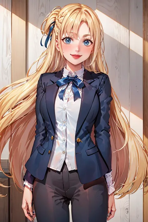 <lora:Puppypaww_Style:0.8>,((masterpiece,best quality)),  <lora:Marina_Lucce_Maxetto_OC_v2:0.8>,  Marina_Lucce_Maxetto_OC, 1girl, solo, blonde, very long hair, french braid, blue hair ribbon, smile, smug, grey blazer, lipstick, open white shirt, lawyer, suit, suit jacket, pants,