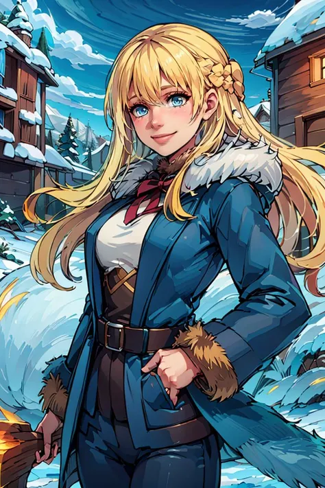 ((masterpiece,best quality)), <lora:Marina_Lucce_Maxetto_OC_v2:0.8>, Marina_Lucce_Maxetto_OC, 1girl, solo, blonde, very long hair, french braid, blue hair ribbon, smile, (fur coat:1.5), pants, winter clothes, belt, snow, mountain, log cabin,