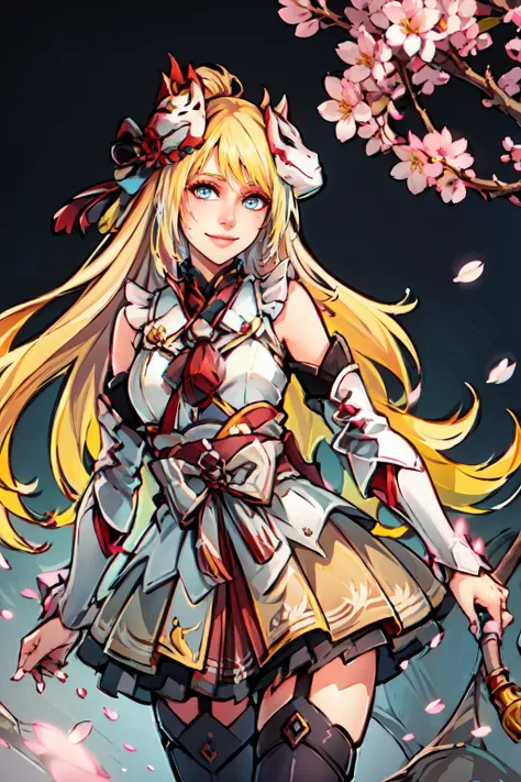 park, cherry blossoms, smile, <lora:Marina_Lucce_Maxetto_OC:0.7> Marina_Lucce_Maxetto_OC, 1girl, solo, blonde, very long hair, french braid, <lora:MH_MizuArmor_a2:1>mizuarmorgnr, animal mask, skirt, stockings,, ultra detailed, masterpiece, best quality, aesthetic, detailed,